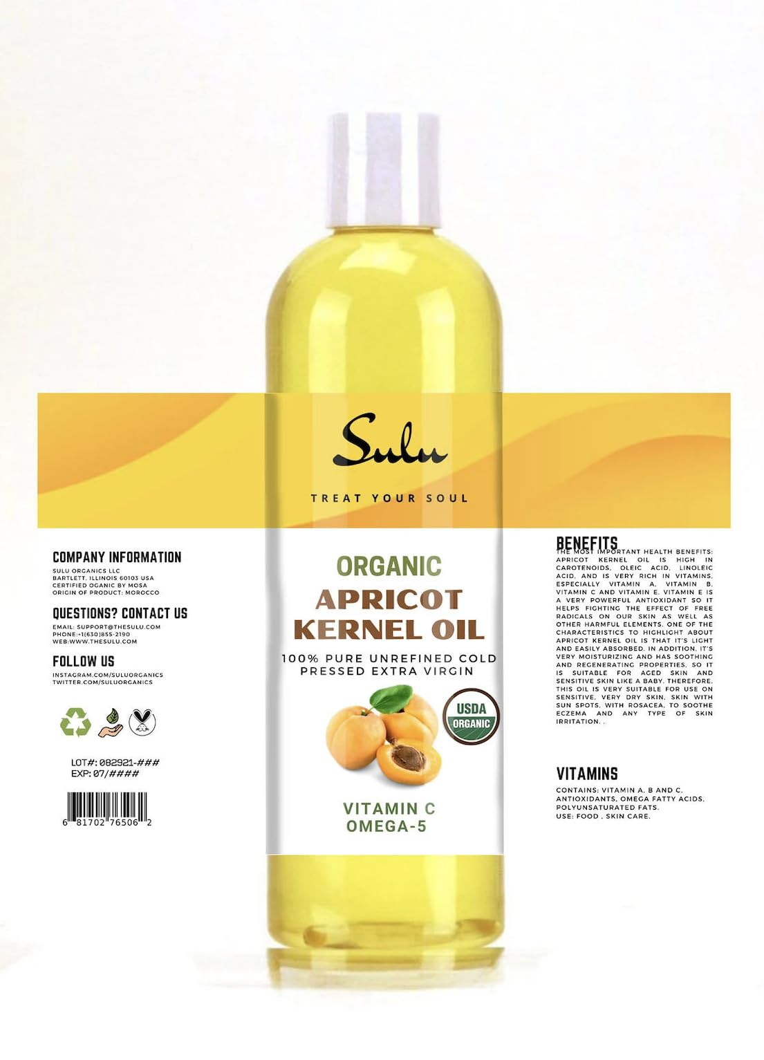 USDA Organic Cold Pressed Unrefined Apricot Kernel Oil (64 oz)