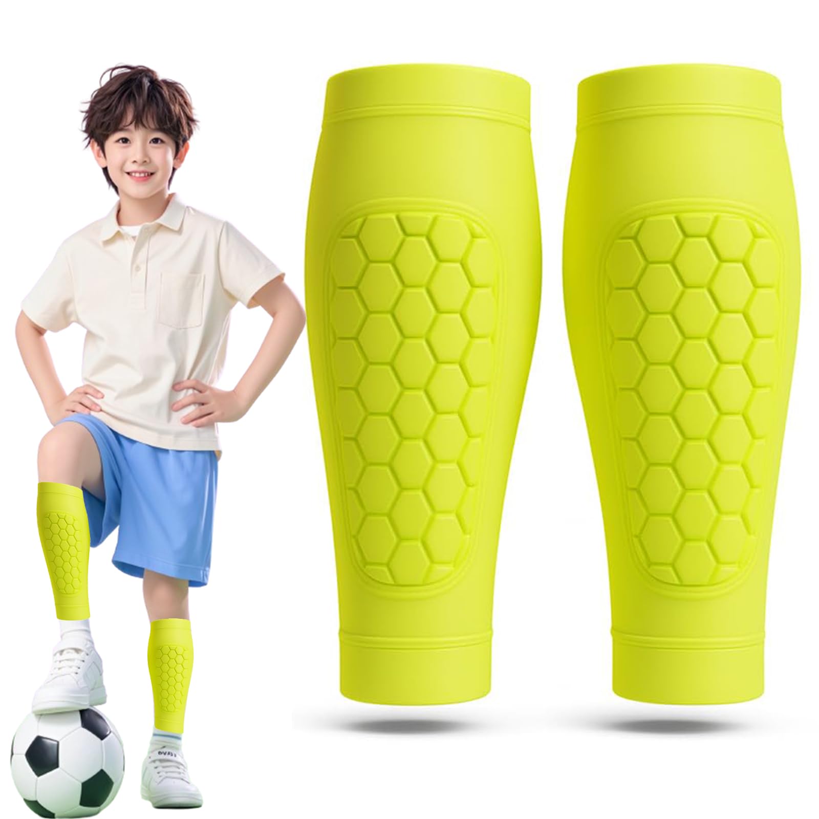 Shin Defender Shin Guards Kids, Built In Shin Guards Soccer Kids with Honeycomb Padding Lightweight Breathable Calf Compression Shin Pads for Boys Girls Training Games (Green, M(Age 11-13))