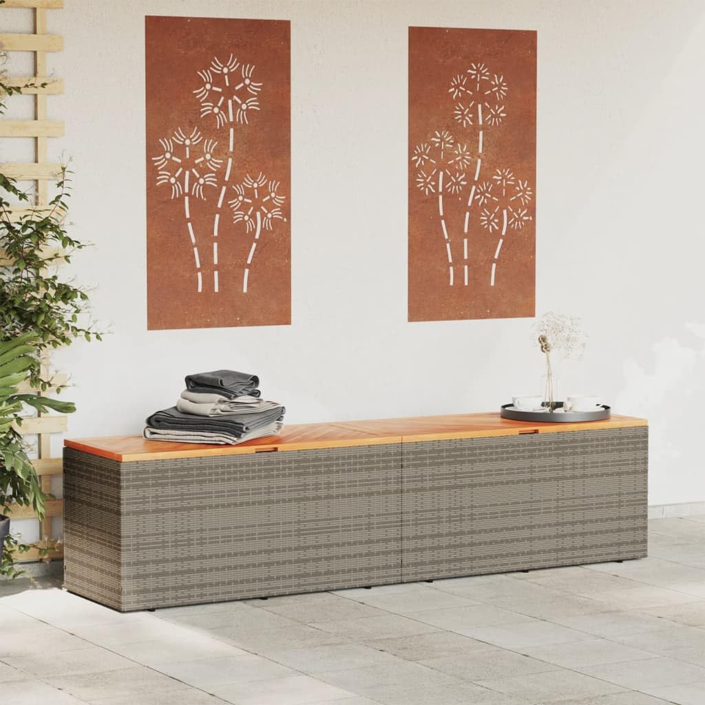IKAYAA Baúl de Jardín, Arcón Exterior de Acacia Ratán, Caja de Almacenamiento con Bolsa Interior Resistente al Agua, Organizador Herramientas, Gris 220 x 50 x 54 cm