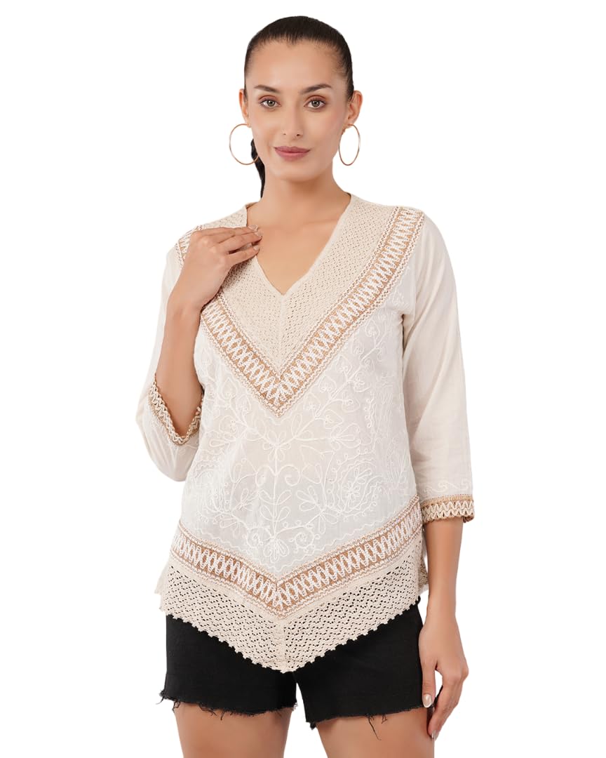 Women's Embroidered V-Neck Blouse, 3/4 Sleeve, White Cotton with Crochet Lace Trim-picture-33