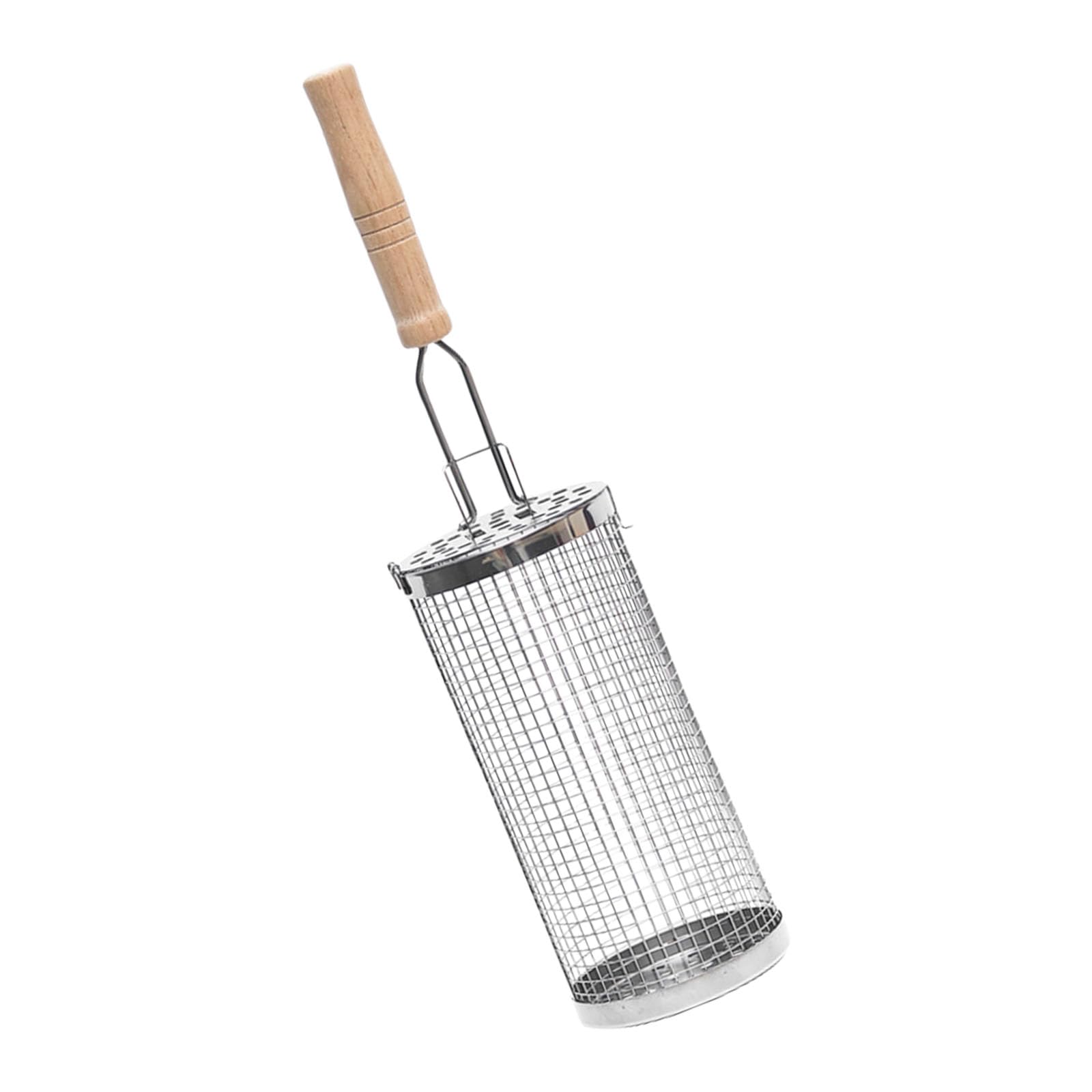 Hredyqw Stainless Steel Rotating Grills Cage With Wooden Handle For Even Cook BBQ Meats And Vegetables Outdoor Cooking