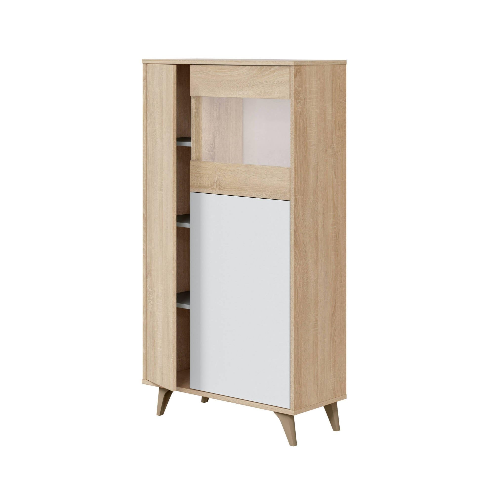 Dmora - Vetrina Atlanta, Vetrinetta moderna a 3 ante, Credenza da soggiorno o salotto, Madia alta con ripiani, 77x33h142 cm, Rovere e Bianco