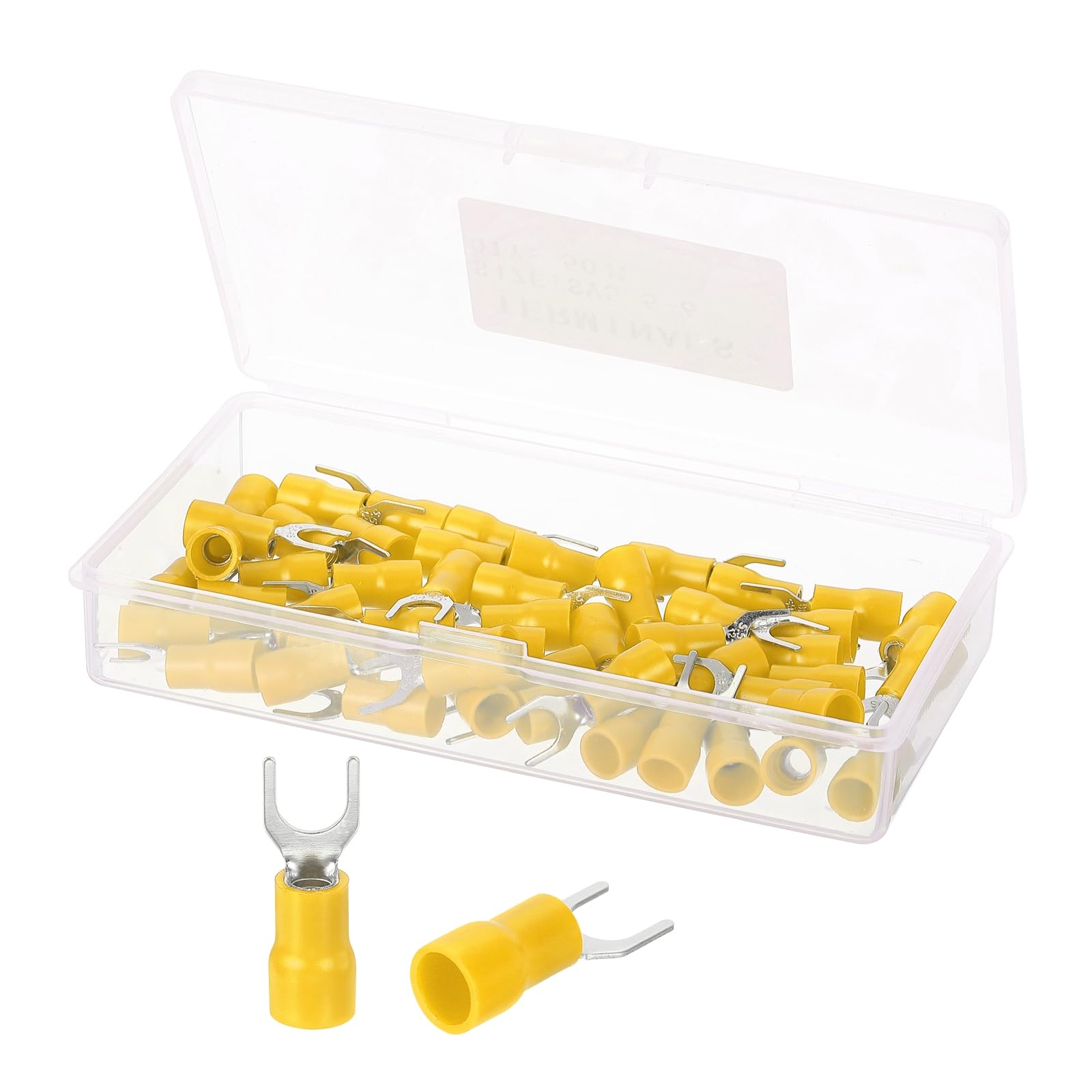 sourcing map Insulated Fork Spade Connectors, 12-10AWG SV5.5-6 U-Type Tinned Copper Waterproof Fork Crimp terminals Connectors for Industrial Electrical Marine Wiring, Pack of 50 (Yellow)