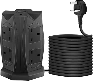 Tower Extension Lead with USB Slots, 12 Way Multi Socket Plug with 5M Tower Extension Cord, Surge Protector Extension Lead with Switch,Power Strip Tower for Home, Office, Kitchen,Black
