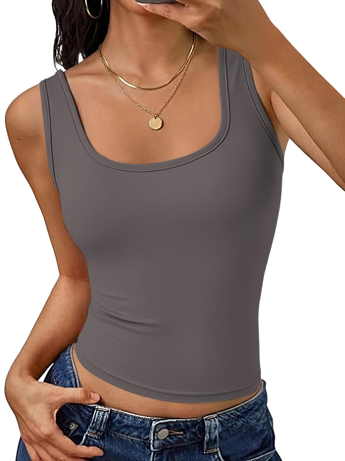Cuptacc Tank Top Damen Eckiger Ausschnitt Ärmellose Top Damen Breite Träger Doppellagige Slim Fit Basic Oberteil