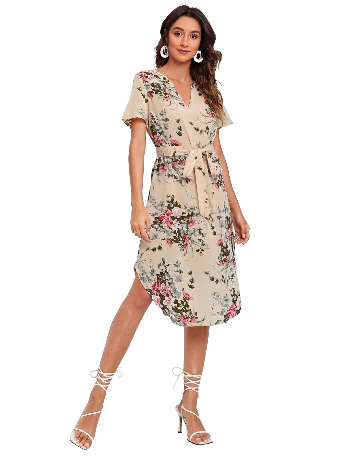 Shasmi Women's Rayon Blend A-Line Knee-Length Notch Neck Split Curved Hem Belted Dress (Stylish Western Party Skin_L)