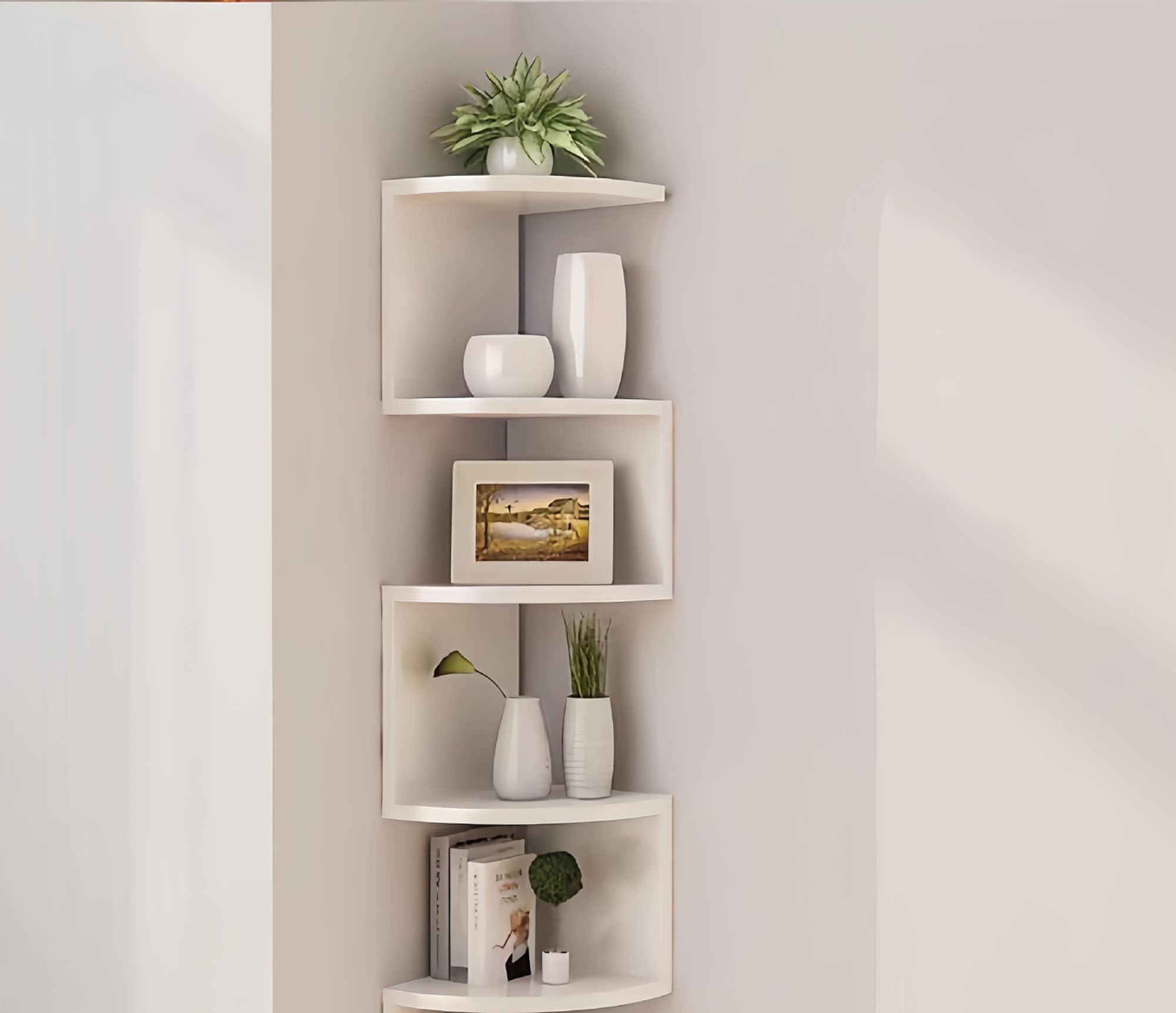 No-Drill Corner Shelf Wall Mount, 5-Tier Floating Corner Bookshelf with Hooks, Space-Saving Zigzag Plant Shelf for Bedroom, Living Room, Bathroom, Home Office