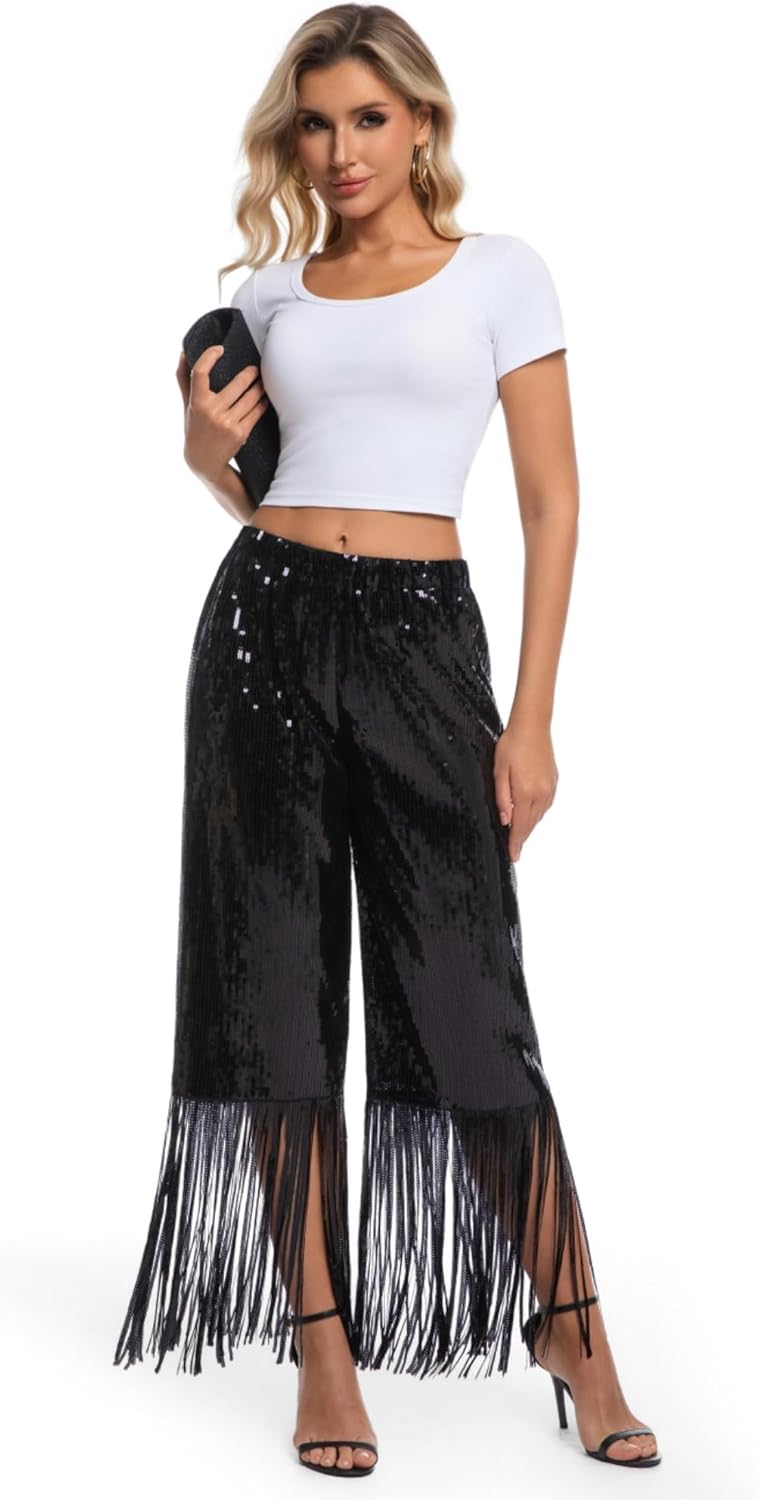 MISI CHAO Sequin Fringe Pants Sparkly Glitter High Waisted Wide Leg Bottom Trousers Disco Party Clubwear for Women - Image 5