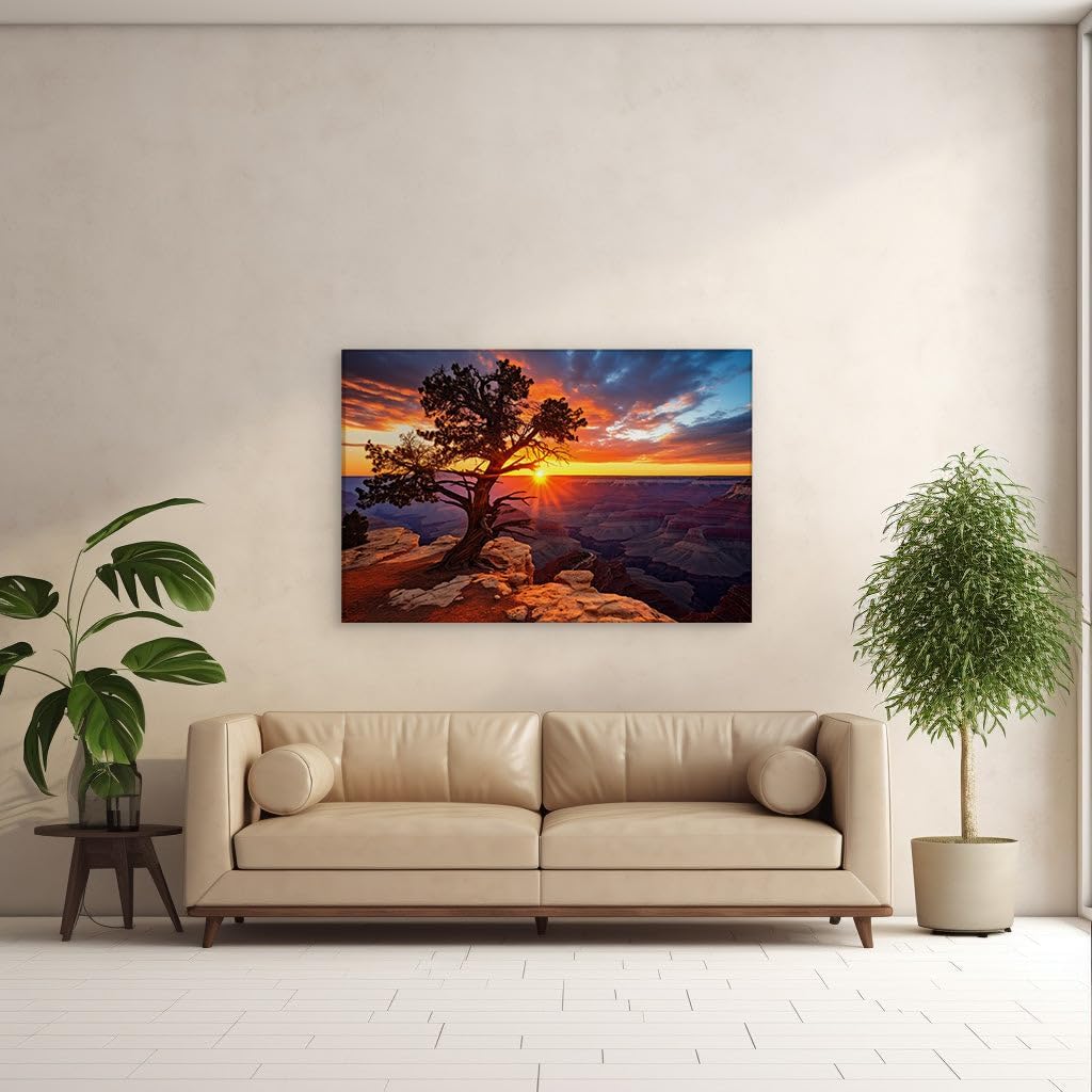Canvas for Living Room. Sunset Majesty at The Grand Canyon � A Silhouetted Sentinel Against a Vivid Sky, 27 x 18 inch Canvas Wall Art - Captivating Portraits - Modern Home Decor