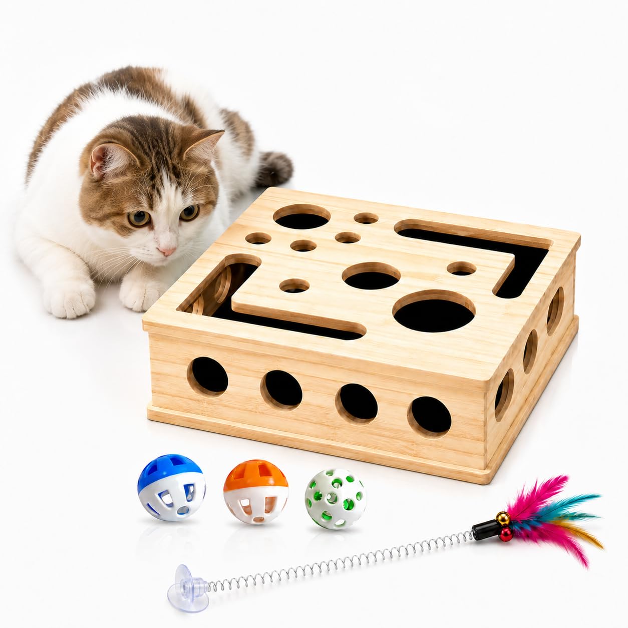 Xtrillogen Cat Scratch Puzzle Enrichment Box with Feather Teaser & Balls, Wooden Cat Nail File Scratcher Toy, Interactive Treat Maze Puzzle for Indoor Cats, Natural Claw Care & Mental Stimulation