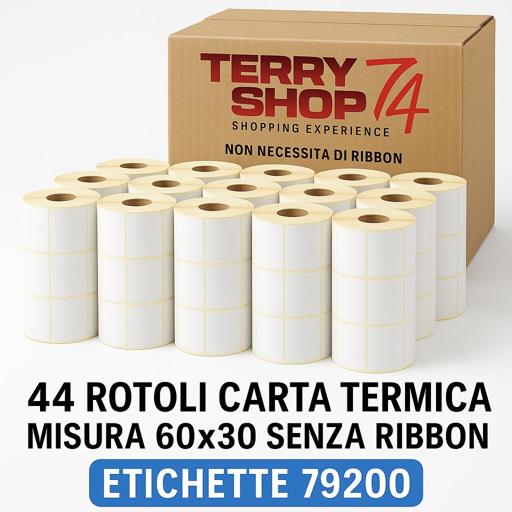 44 Rotoli di Etichette adesive 60x30 Termica senza Ribbon Da 1800 Pezzi Totale etichette 79200 Pezzi