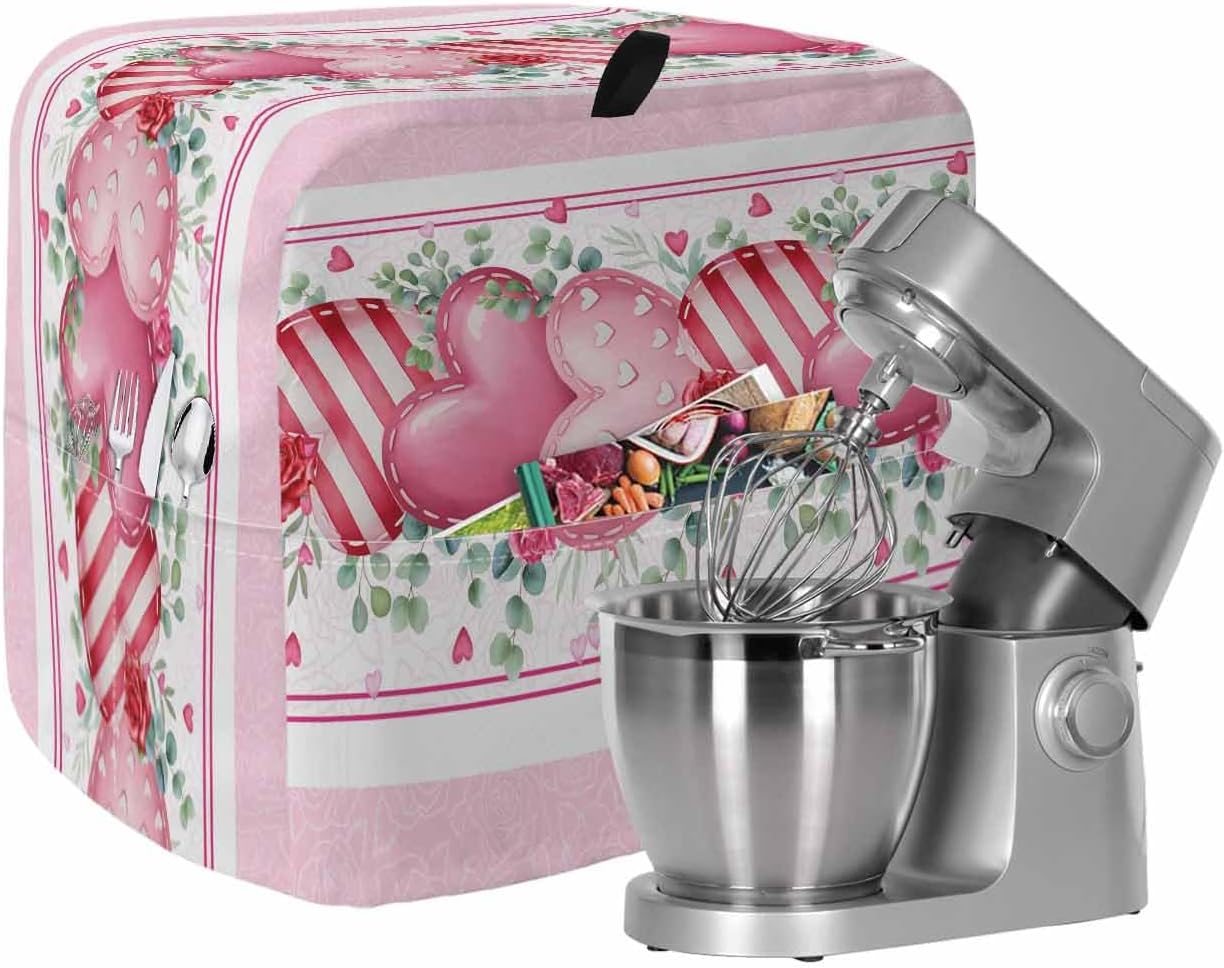 Stand Mixer Cover with Storage Pocket, Valentine's Day Waterproof Kitchen Mixer Covers, Pink Love Heart Eucalyptus Leaves Striped Kitchen Appliance Dust Cover Compatible with 4/4.5 Quart Mixers