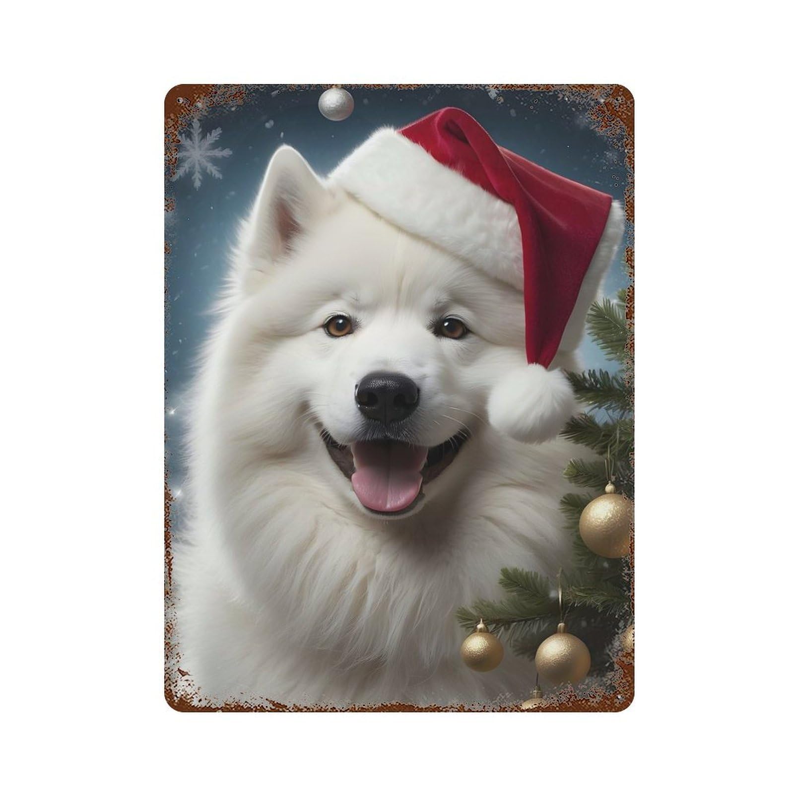Garage Style Dog Samoyed Santa Hat Rustic Tin Plaque 15.7"x11.8", Classic Wall Plaque for Bar And Workshop