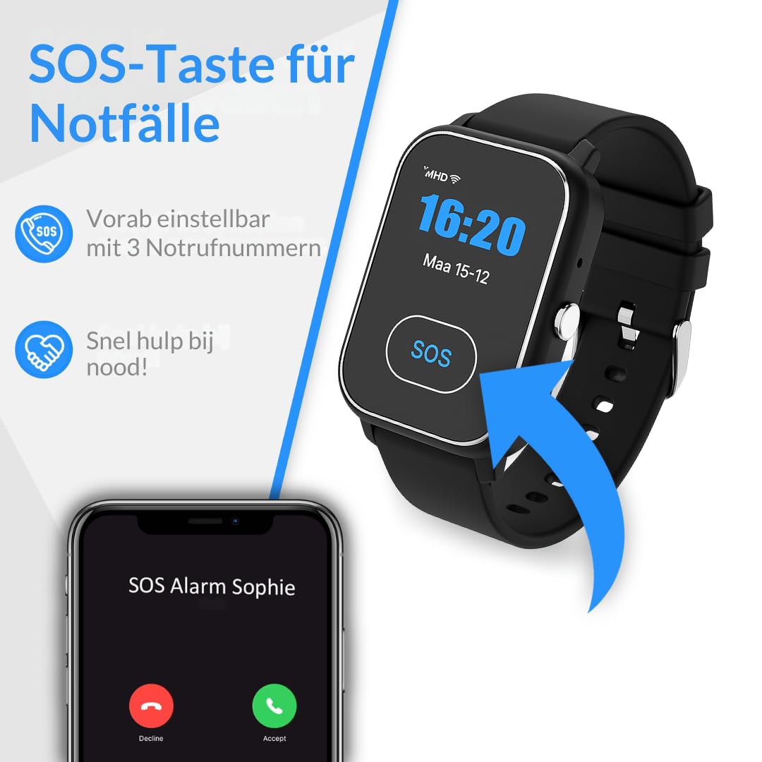 KUUS. S4 Notruf Uhr mit Sturzerkennung - Notrufknopf für Senioren - GPS Tracker Senioren mit Ortung. Senioren Smartwatch mit SIM Karte ohne Handy - Demenz Uhr Hilfsmittel Notfallarmband Erwachsene