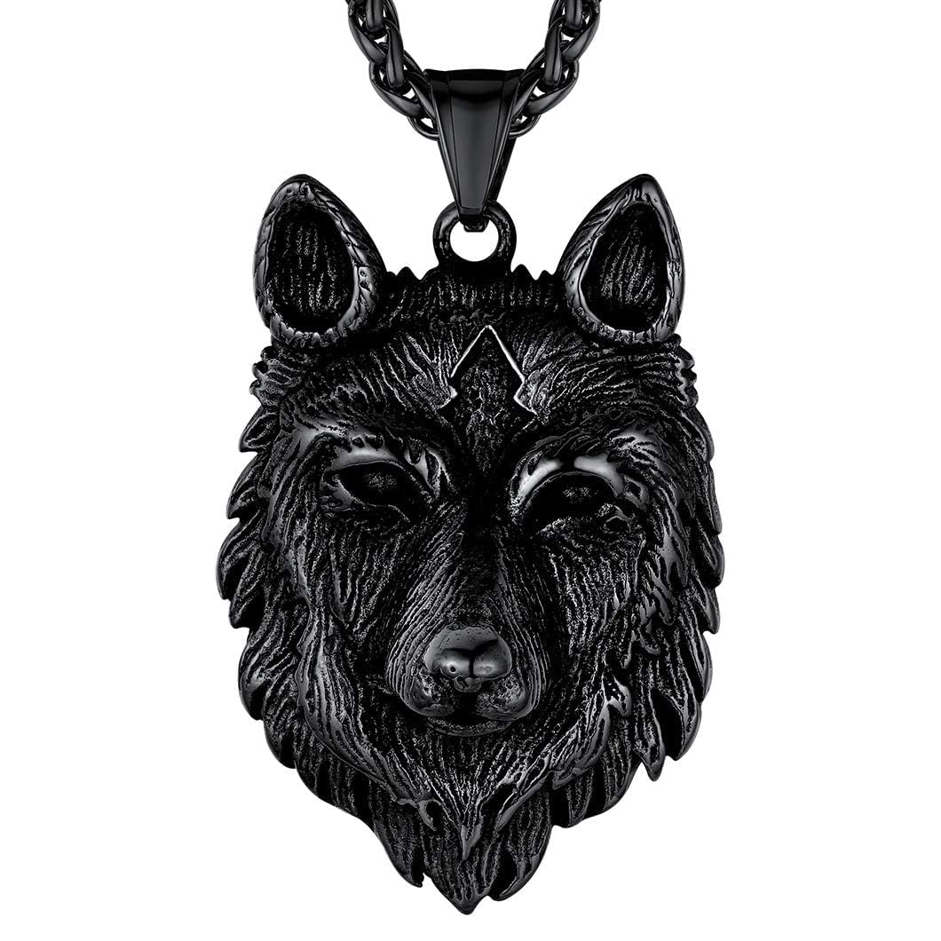 Necklaces for Men 316 Stainless Steel/18K Gold Plated/Black Wolf Pendant Viking Nordic Jewelry