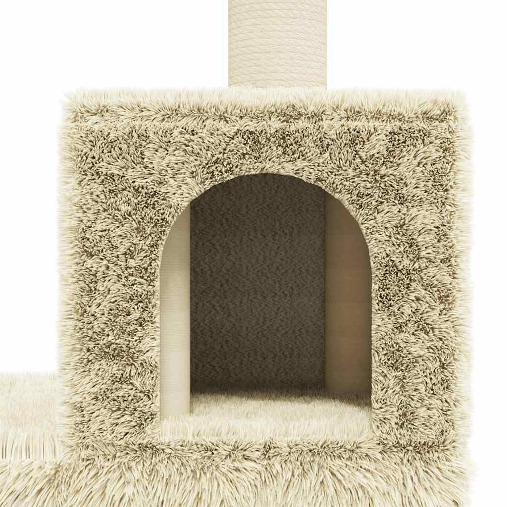 Kratzbaum groß mit 3 Katzenhöhlen, Kletterbaum für Katzen mit Sisal-Kratzsäulen und Plüsch-Aussichtsplattformen, stabiles Katzenmöbel Creme 188 cm hoch