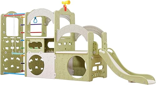 UNICOO Zona de juegos interior 10 en 1, juego de gimnasio de la selva con tobogán, pared de escalada, escalera, columpio, baloncesto, anillos