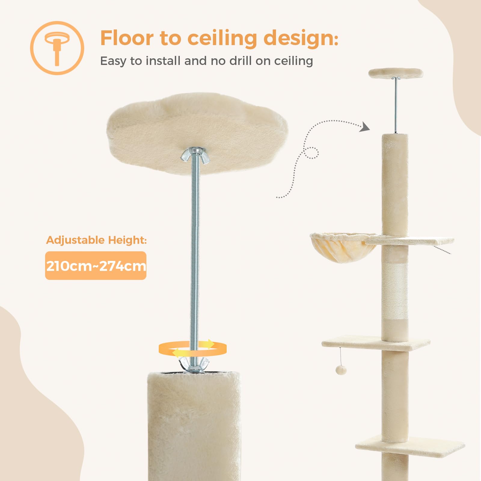 PAWZ Road Kratzbaum deckenhoch, Katzenbaum vom Boden bis zur Decke verstellbar, höhenverstellbar (216-273cm), Katzenturm mit Hängematte und Katzenhöhle, Anti-Sturzgurt Beige