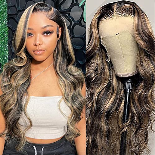 Rina Highlight Ombre 13X4 Hd Lace Front Wigs Human Hair Balayage Highlight Human Hair Wigs Pre Plucked Body Wave Colored Blonde Highlight Frontal Wigs With Baby Hair 150% Density 30 Inch #TOP5