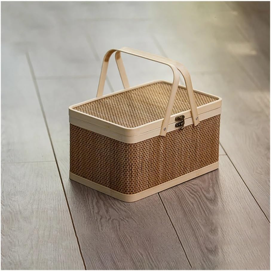 Luopan Storage Accessories, Handmade Wicker Bamboo Woven Picnic Baskets with Handle, Handheld Flower Book Toy Container