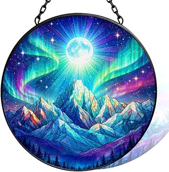 Stained Glass Window Hanging - 6.3" Mountain Moonlight Aurora Suncatcher Glass Panel, Home Decorative Hanging Ornament for Kitchen or Garden, Ideal Gift for Mother, Wife or Women