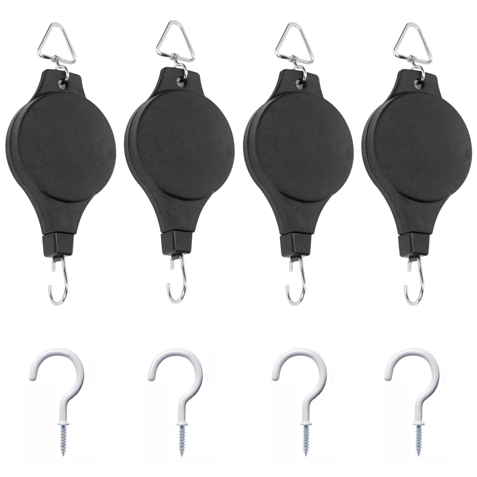 DOETYD 4 PCS adjustable hanging basket pulley, heavy duty plant pulley hook with 4PCS ceiling hanging basket hooks for flower baskets, bird feeders and grow lights, strong load capacity (Black)