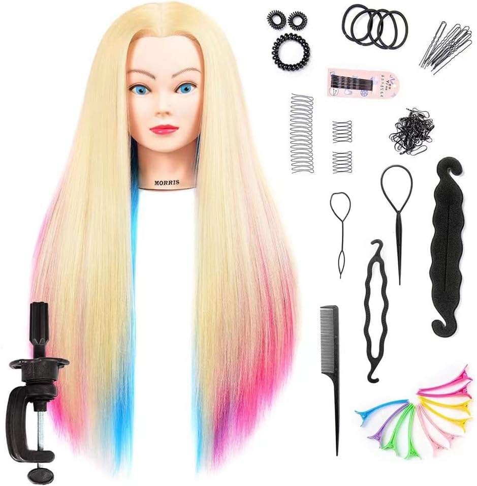 Mannequin Head with Long Synthetic Fiber Colorful Hair Styling Training Head 26-28inch Manikin Cosmetology Doll Head Hairdressing Training Model for Cutting Braiding Practice and Free Clamp Holder