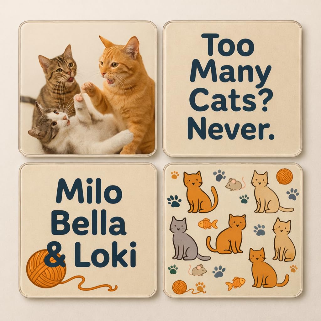 The Plum Penguin Whisker Whimsy Cat-Themed Acrylic Coaster Gift Set - Charming Personalised Design For Cat Lovers