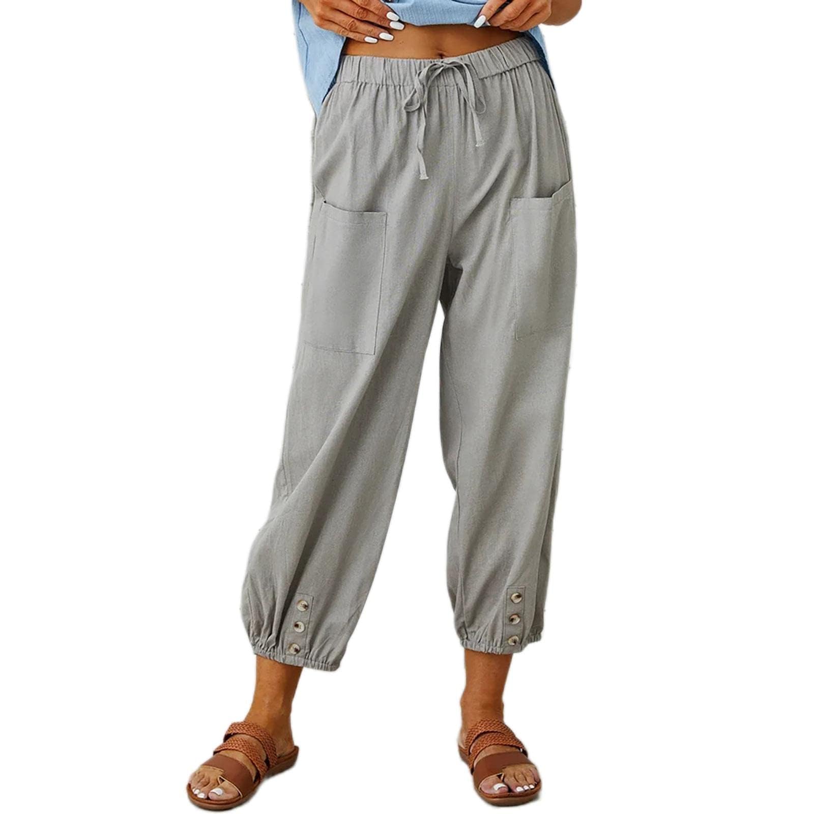 ZOCANIA Plus Size Cotton Pants for Women High Waisted Drawstring Summer Casual Loose Beach Trousers with Pockets