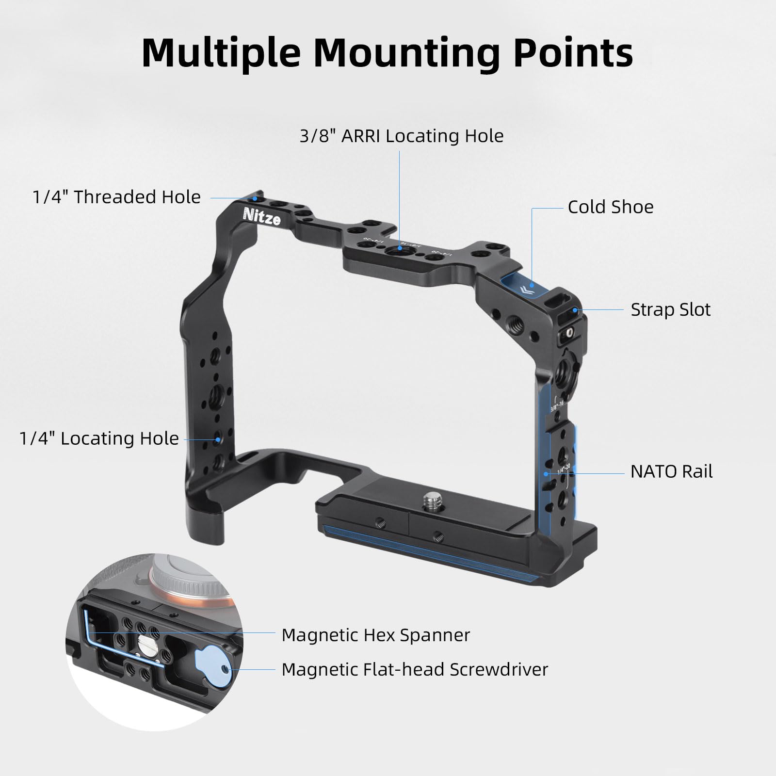 Nitze Camera Cage for Sony a7R V / a7 IV / a7R IV / a7R III / a7 III / a7S III with Built-in NATO Rail, Arca Quick Release Plate and Magnetic Wrenches, Compatible with Sony XLR Handle - T-S13A