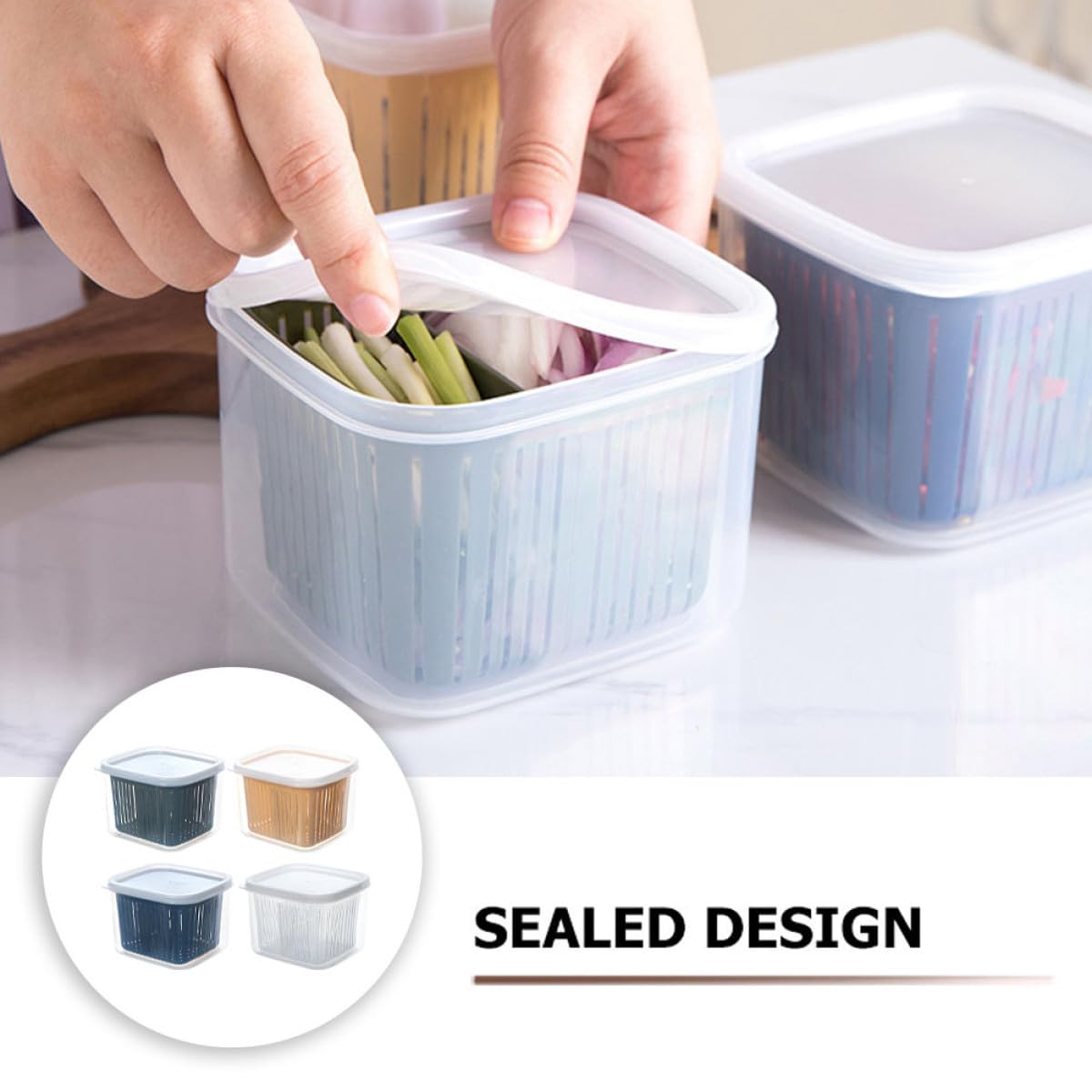 Contenitori per Alimenti Ermetici 4 Pezzi in Pp Coperchio e Design Drenante, Scatole Salvaspazio per Conservare Cipolla Tritata e Spezie in Frigorifero