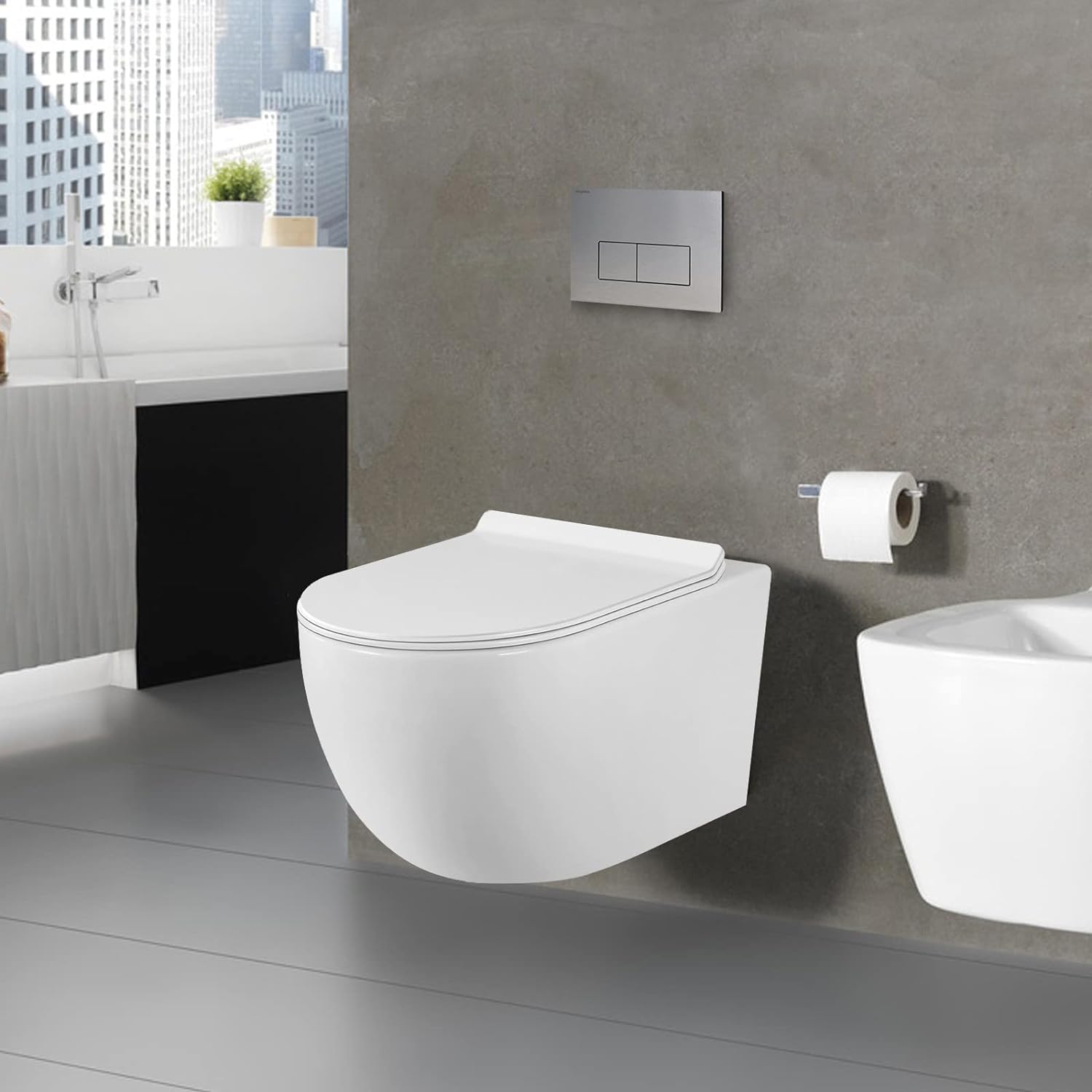 Inodoro suspendido completo - Cerámica - Sin bridas - Blanco - Soft-close - Cisterna empotrada CHRONO - Pulsador gris CROMO - Tapa extra fina - Diseño elegante y moderno