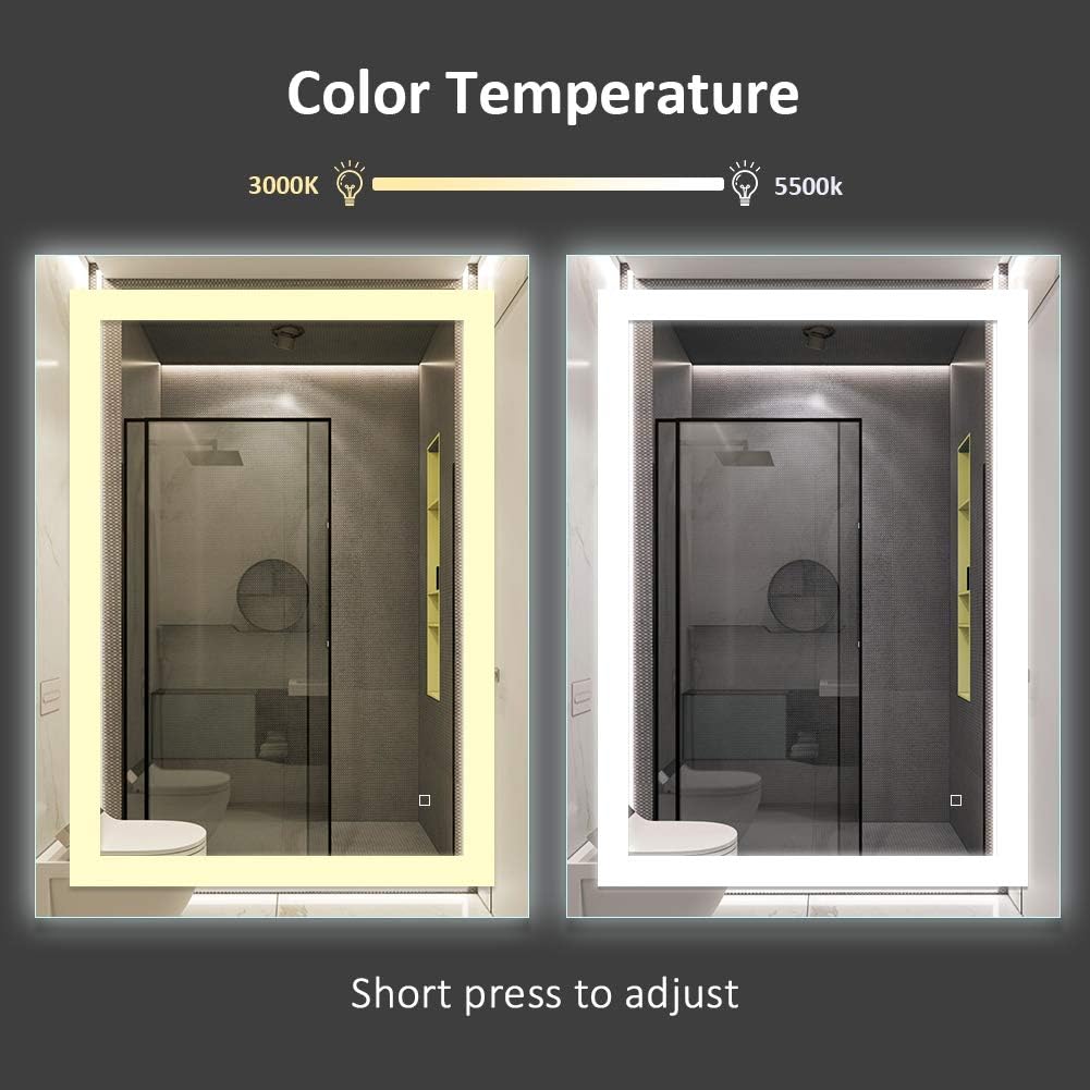 HAUSCHEN HOME LED Bathroom Vanity Mirror 32 x 24 inch, Wall Mounted + Defogger & Dimmable Touch Switch + Polished Eadge &Frameless + 5500K Cool White +3000K Warm + CRI>95 + Vertical&Horizontal