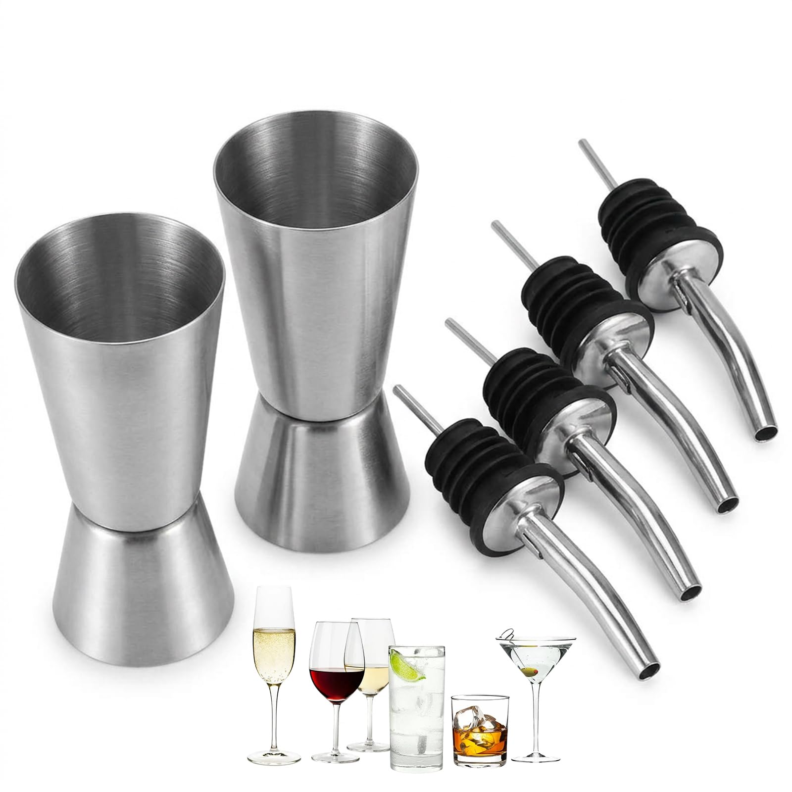 6 PCS Contain 2 Shot Measure 25ml and 50ml, Alcohol Measure for Spirits, with 4 Black Pour Spouts, Ideal for Home Pouring and Mixology Enthusiasts
