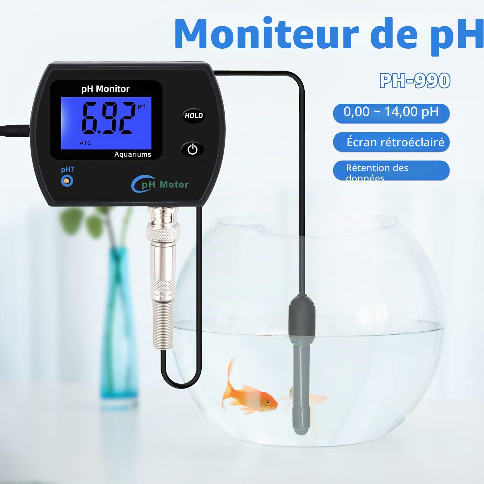 pH-mètre - pH-mètre Moniteur de qualité de l'eau testeur écran LCD sonde d'interface BNC pour Aquariums, Culture hydroponique(Moi)