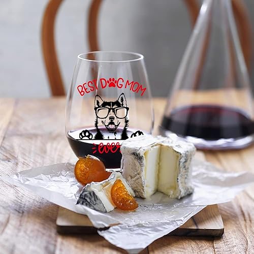 Miniatura 5 de Perfectinsoy Bonita copa de vino de perro Husky con caja de regalo  Dog Mom Ever  Regalos para amantes de los perros para mujeres, mamá, tía abuela,