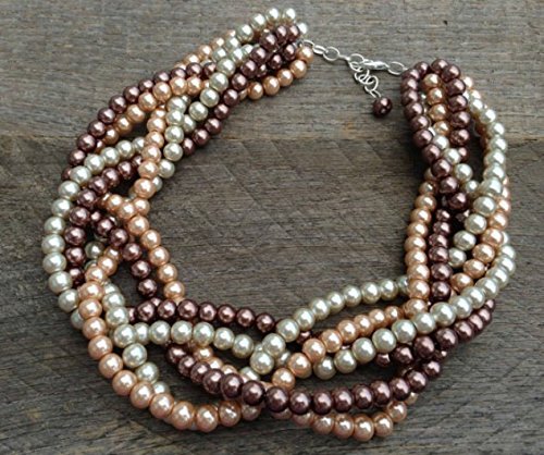 Six Strand Brown Champagne Bronze Tan Braided Pearl Chunky Statement Necklace 24"