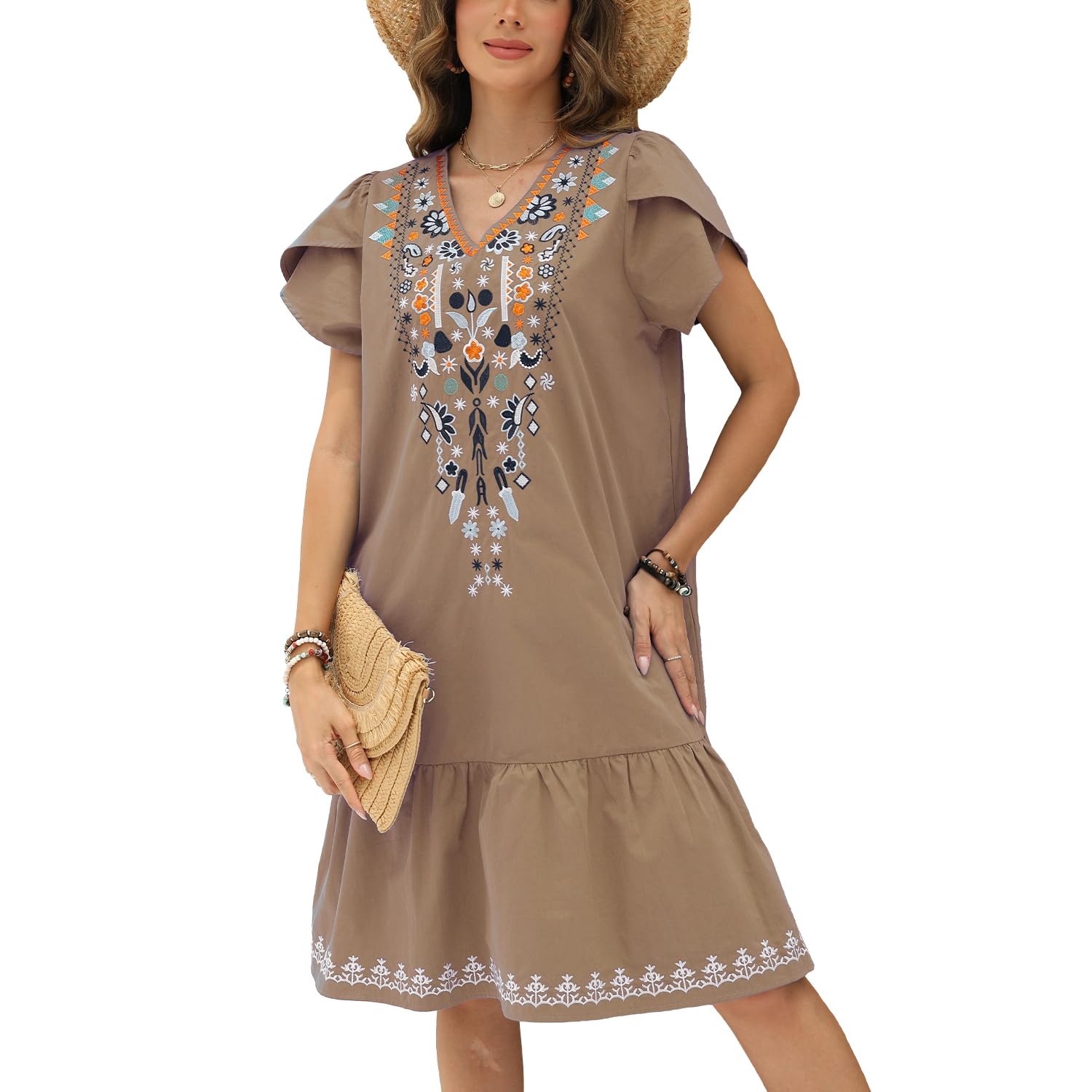Vakakado Damen V-Ausschnitt Elegantes Stickerei Dress 3/4 Är