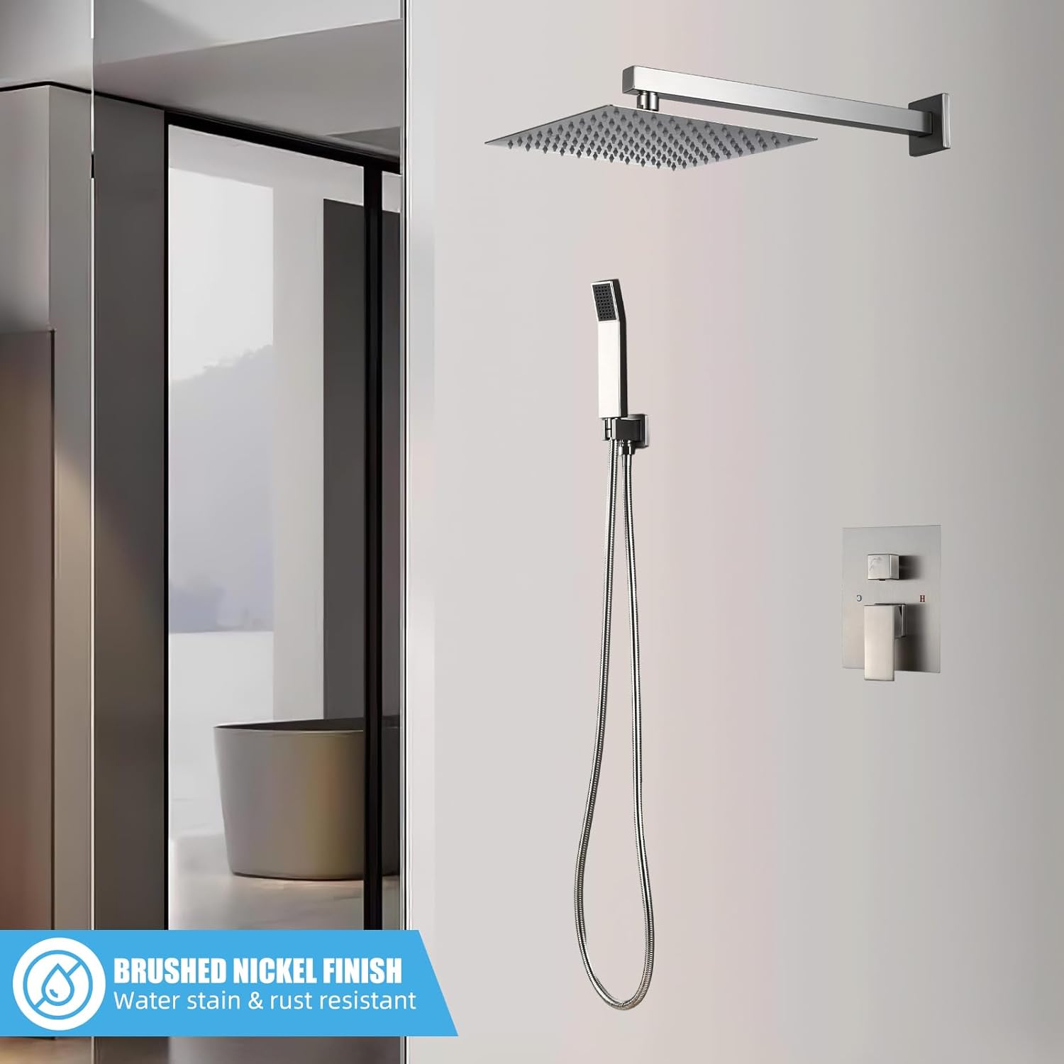 Modern Shower Faucet with 10 Inch Rain Shower head Shower System and Handheld Shower Combo,2-Function Shower Fixtures Included Shower Trim Kit (Brush Nickel)