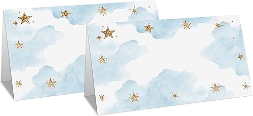 Tarjeta de mesa para baby shower, juego de 25 tarjetas de tienda de campaña con diseño de luna y estrellas, tarjetas de nombre editables para