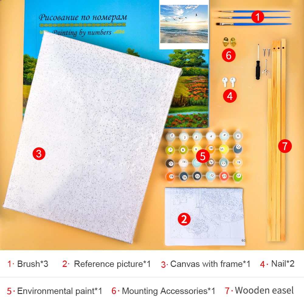 TISHIRON Malen nach Zahlen für Erwachsene Anfänger,Kinder Sonnenuntergang Strand Ozean Vögel Malerei Möwen DIY Ölgemälde Kit für Home Wall Decor mit Rahmen 16 "x20