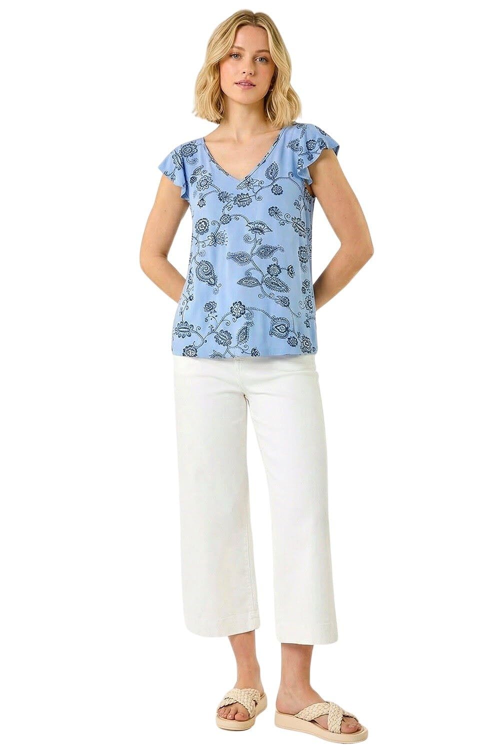 Roman Originals Women's Blue Floral Frill Shoulder Vest Top For Uk - Everyday Holiday Spring Summer V-Neckline Comfy Soft Evening Vacation Work Party - Size 20
