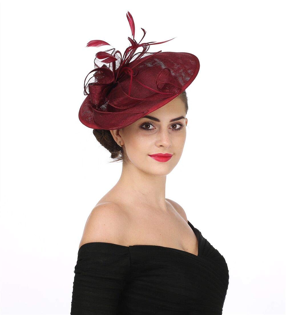 Fascinator Hat Feather Mesh Net Veil Party Hat Ascot Hats Flower Derby Hat with Clip and Hairband for Women(A-7-Wine Red)