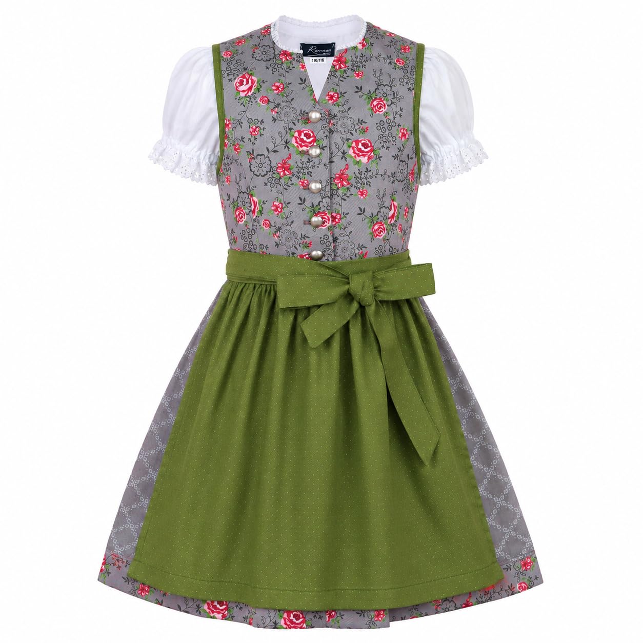 Ramona Lippert® - Dziecięca sukienka Dirndl dla dziewczynek - Dziecięca sukienka z nadrukiem róży - 3-częściowa sukienka do stroju ludowego - Moda ludowa - Strój ludowy z fartuchem
