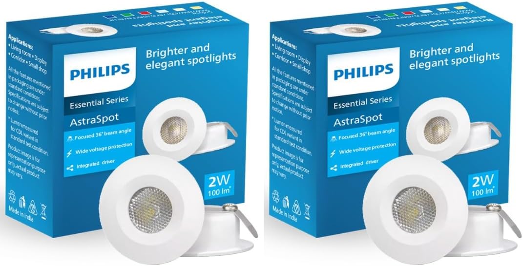 PHILIPS Plastic Astra Spot 2-Watt LED Spotlight || LED Spotlight for Display || Cutout:35Mm || Warm White, Pack of 2