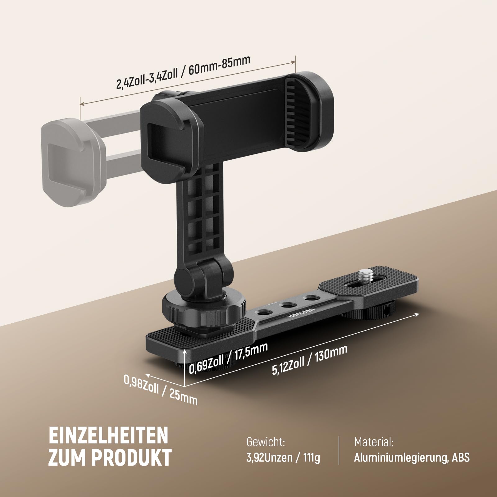 NEEWER Smartphone Halterung kompatibel mit DJI Osmo Pocket 4 & Pocket 3, Professionelle Handyhalterung mit 1/4" Gewinde & Kaltblitzschuh für Stativ, Verlängerungsstange, Videolicht, Mikrofon, AC021