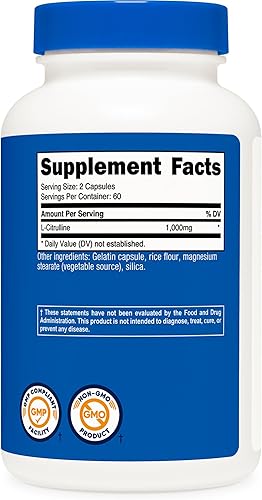 Miniatura 16 de Nutricost L-Citrulina 500 mg, 120 cápsulas – Sin gluten, sin OMG, 1000 mg por porción (60 Serv)