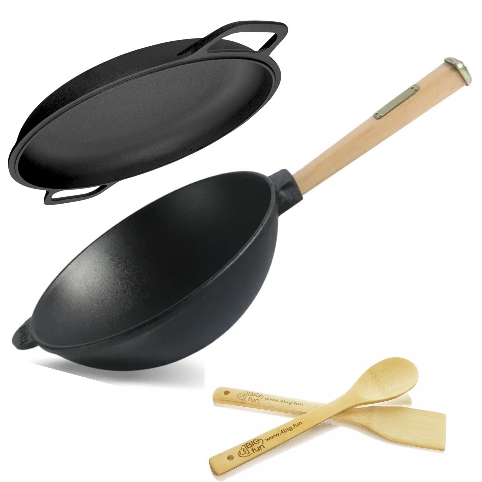 BIG-PAN Ø24 cm Wokpfanne 2,2 L Deckel-Bratpfanne Gusseisen Universaldeckel Servierpfanne Pfannenwender Kochlöffel Küchenhelfer