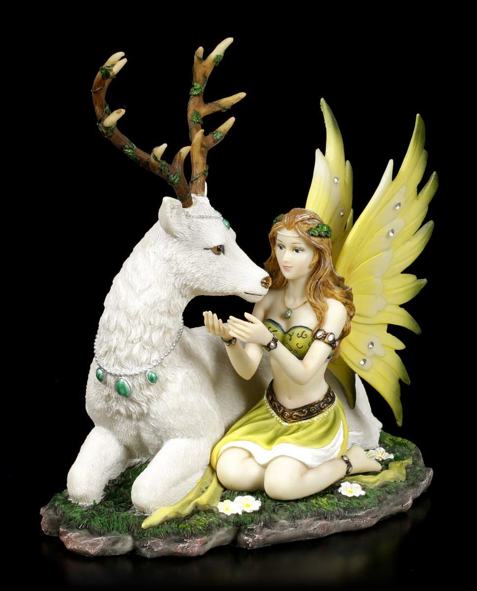 Figuren Shop GmbH Elfen Figur weißem, liegenden Hirsch - Adoration | Fantasy-Figur, mit Schmucksteinen verziert, handbemalt