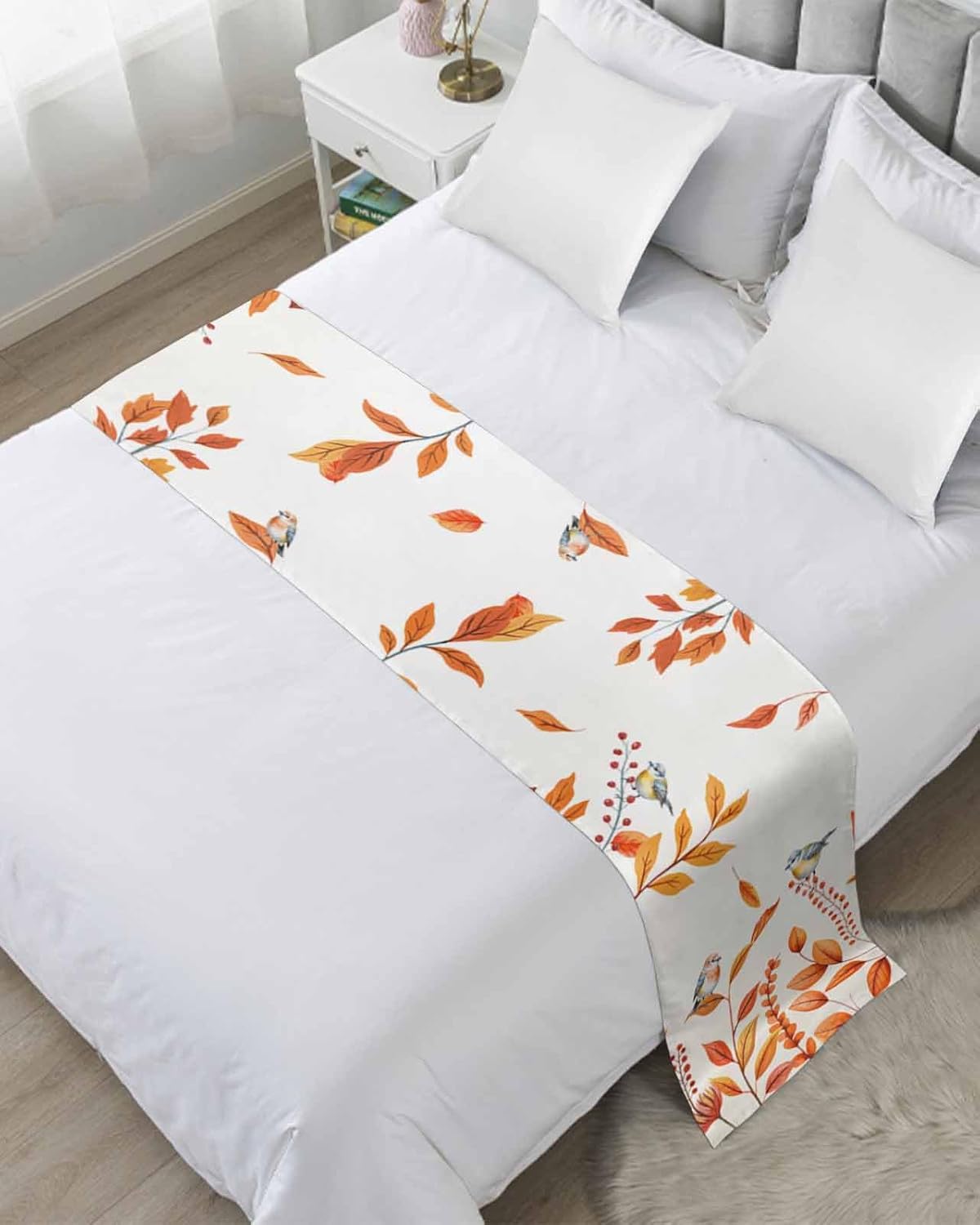 Wildflowers Fall Bed Runner Scarf Cal King Size, Autumn Leaves Retro Pastoral Plants Luxury Bed Throw Runners & Scarves for Twin Full Queen King Foot of Bed, Bedroom Hotel Decoration, 102"x20"